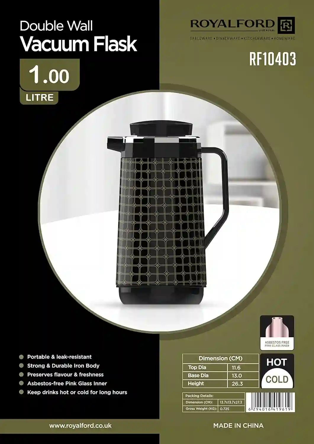 Royalford 1.6 Litre Vacuum Flask - Black
