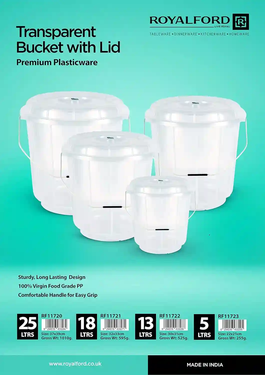 Royalford 18L Transparent Plastic Bucket