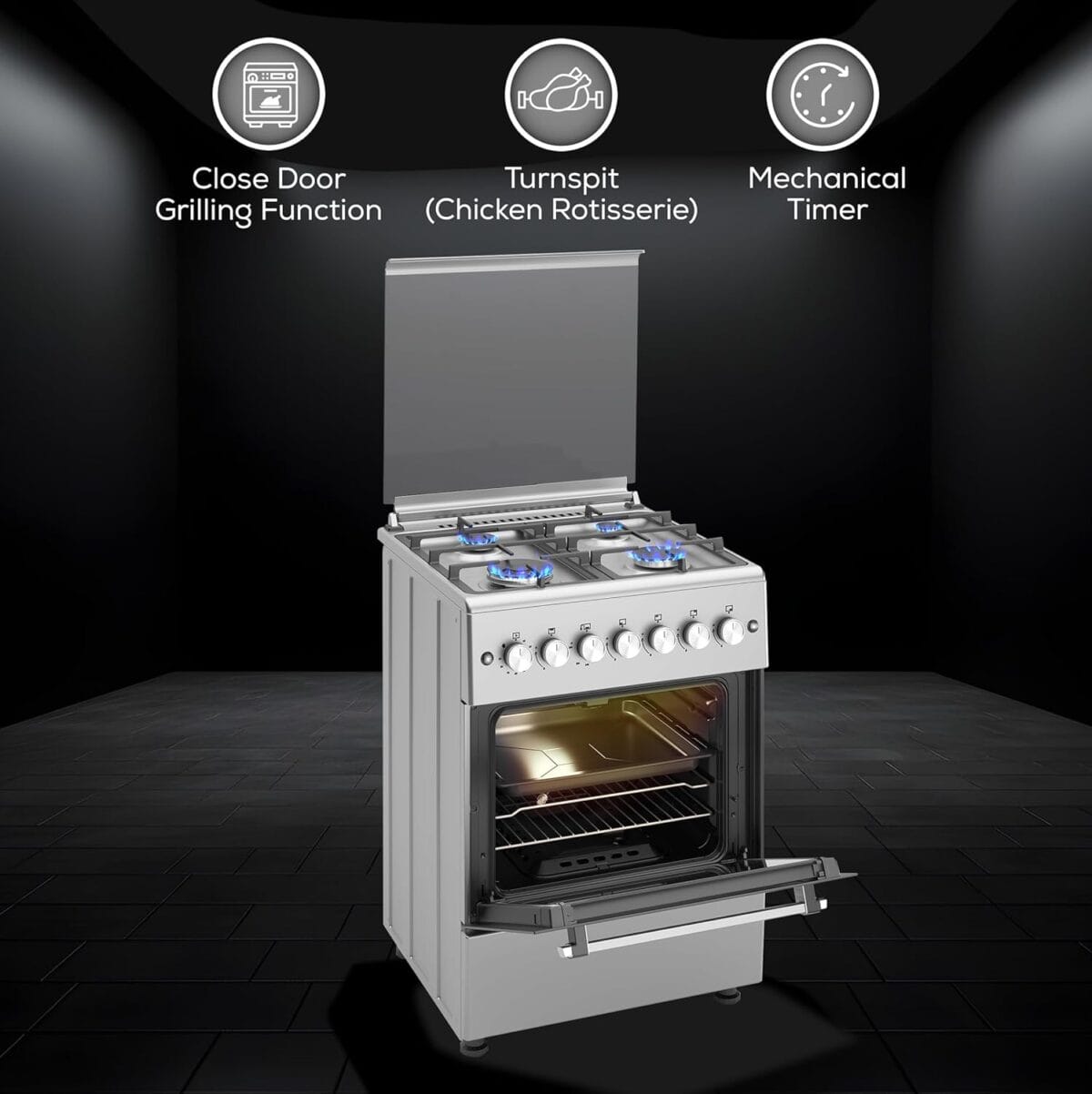 BOMPANI 60/60 GAS COOKER STAINLESS STEEL, HEAVY CAST IRON,  KNOB( OVEN & GRILL ) TURBO FAN  MADE TURKEY